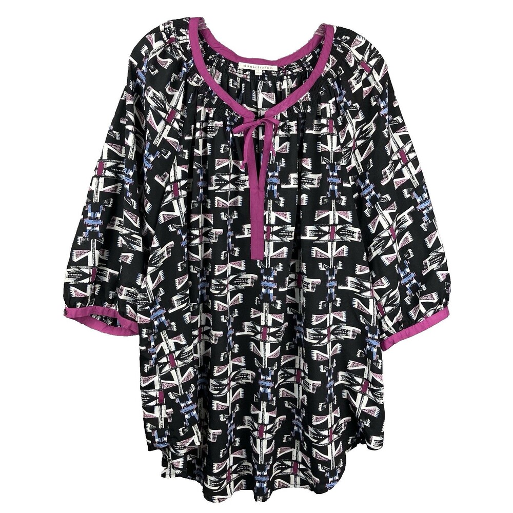 Daniel Rainn Chiffon Tie-Neck Blouse Top Tunic 1X Geometric Tribal Aztec Flowy